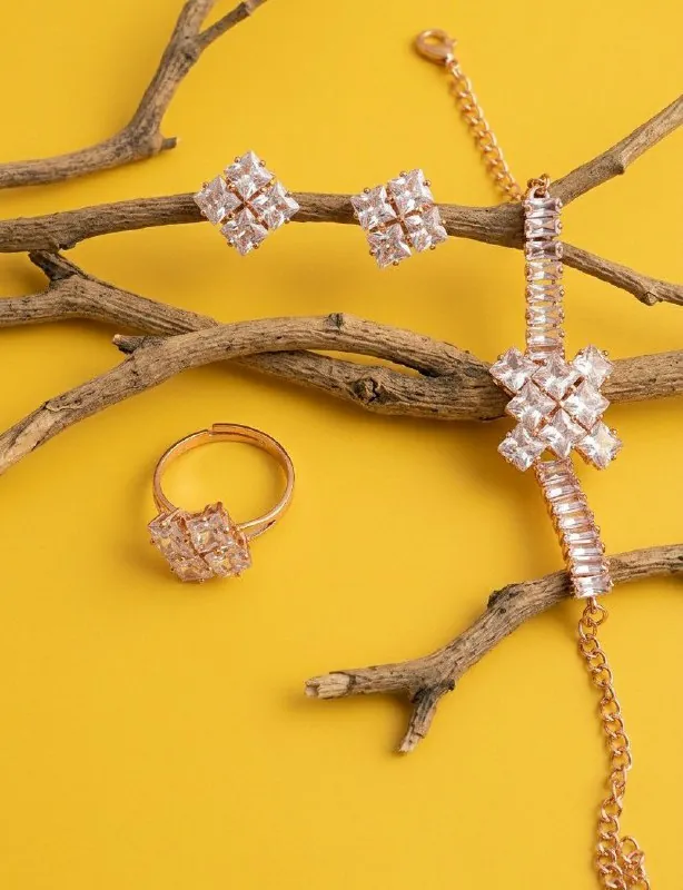 Rose Gold Square Crystal Bracelet Set