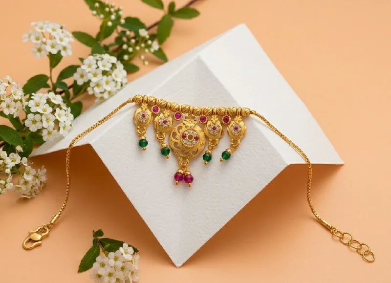 Gold Ruby Green Bead Floral Bracelet