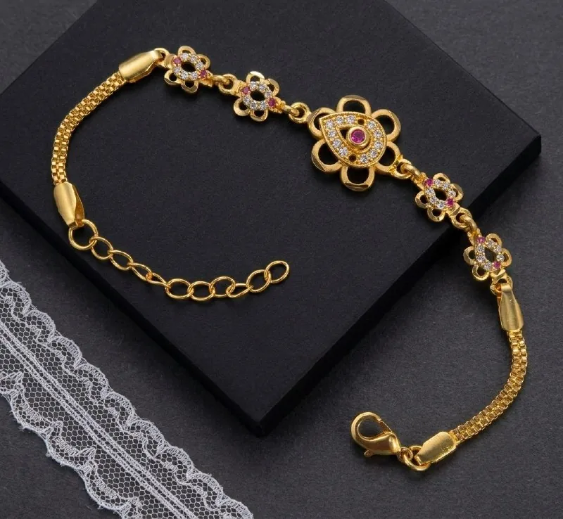 Gold Pink Stone Flower Chain Bracelet