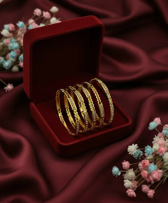 Gold Wavy White Stone Bangle Set