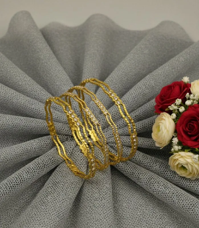 Slim Gold Zigzag White Stone Bangles