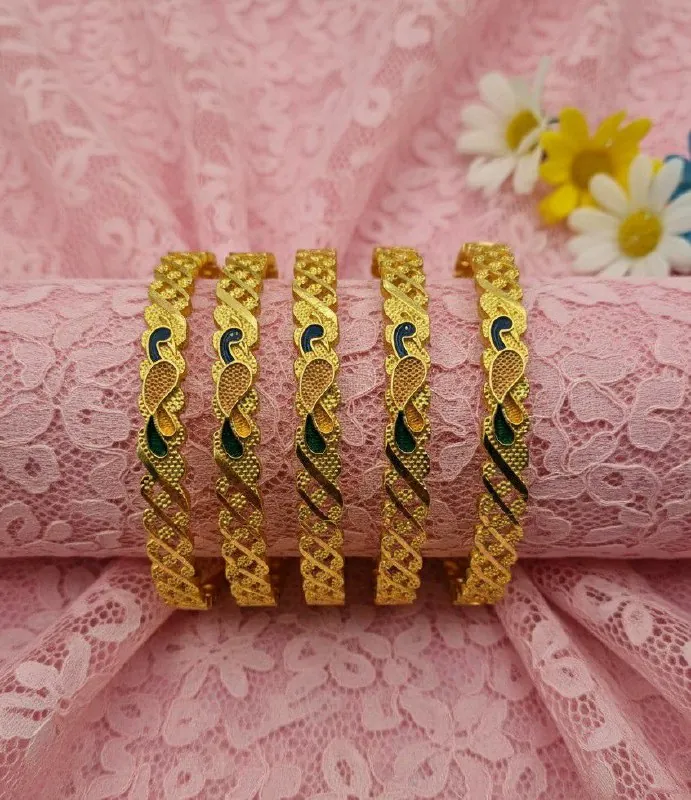 Green Enamel Peacock Gold Bangles