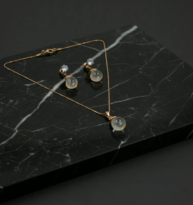 Gold Milky Opal Bead Pendant Set