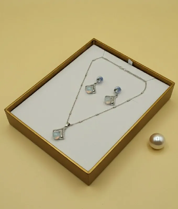 Silver Opal Square Pendant Earring Set