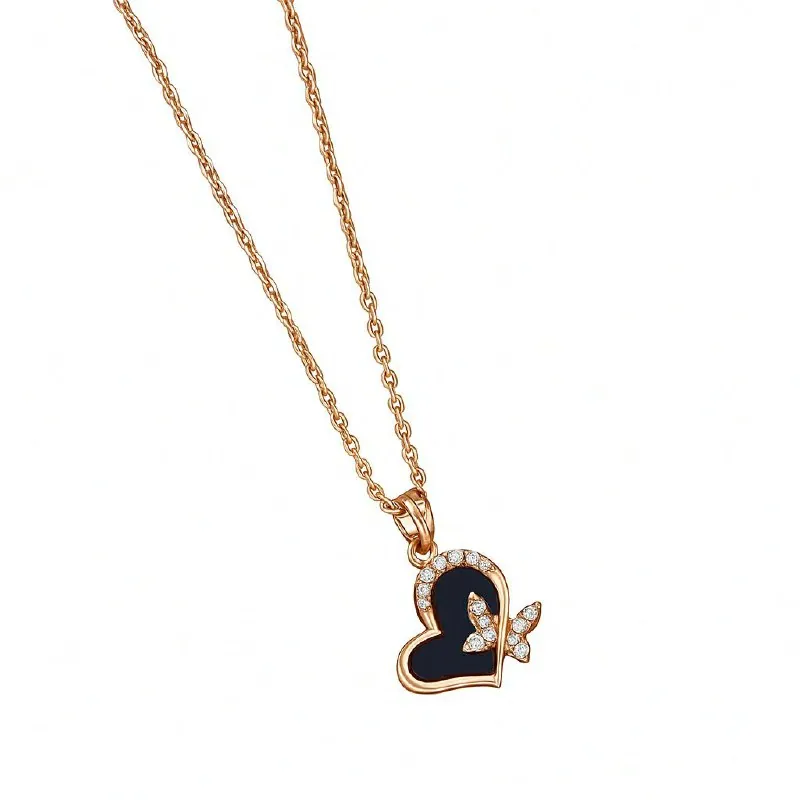 Rose Gold Black Heart Butterfly Pendant