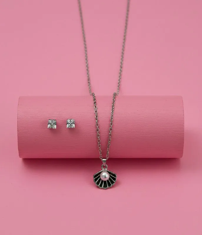 Silver Black Shell Pearl Pendant Set