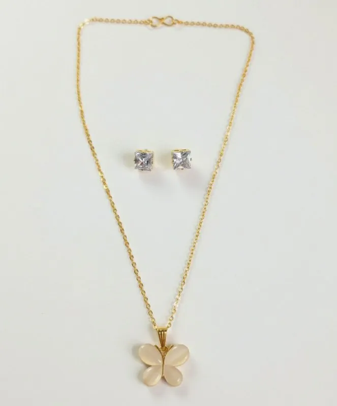Gold Blush Opal Butterfly Pendant Set
