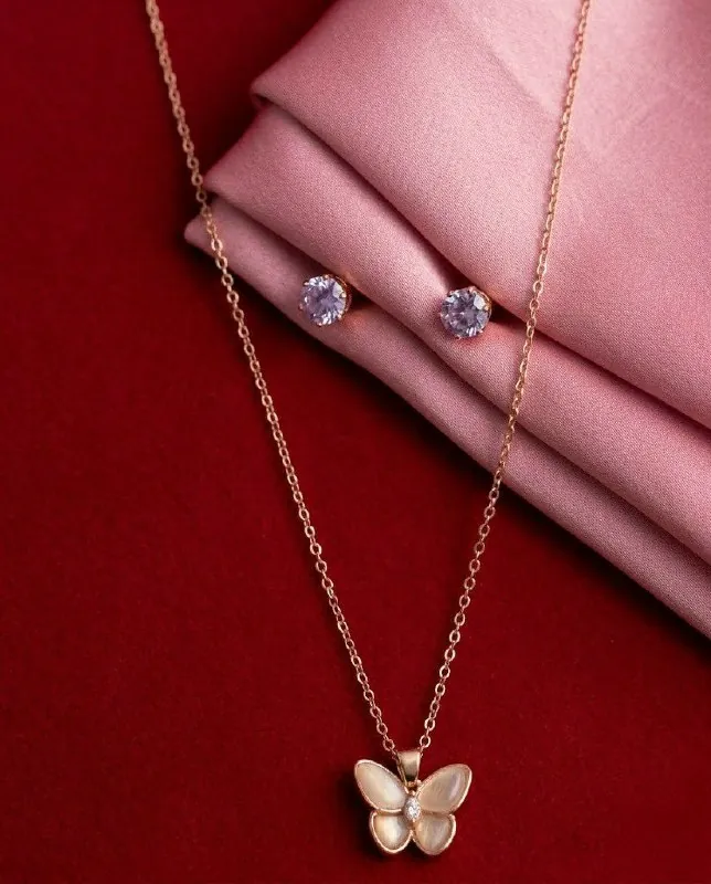 Rose Gold Ivory Butterfly Pendant Set