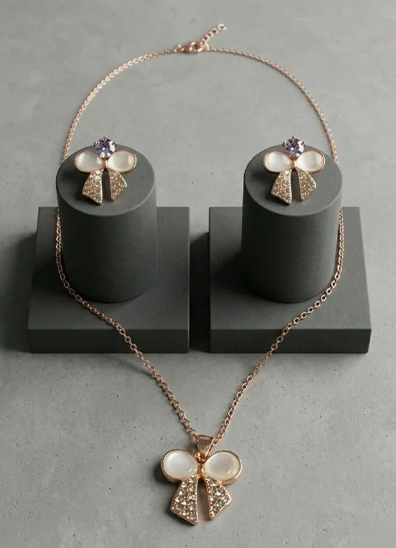 Rose Gold Opal Bow Pendant Set