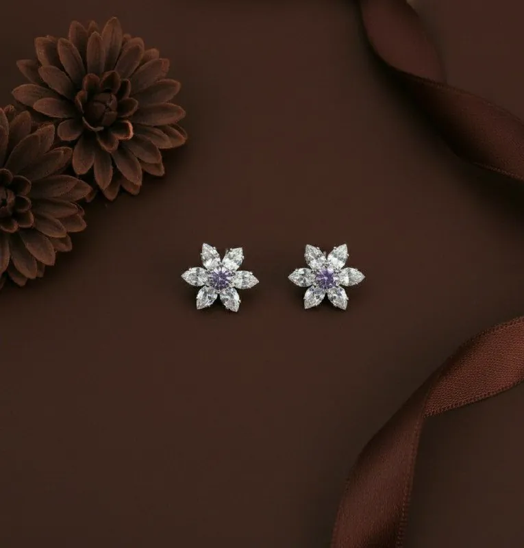 Silver Lilac Stone Flower Stud Earrings