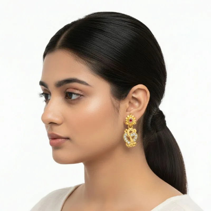 Gold Ruby Flower Heart Drop Earrings