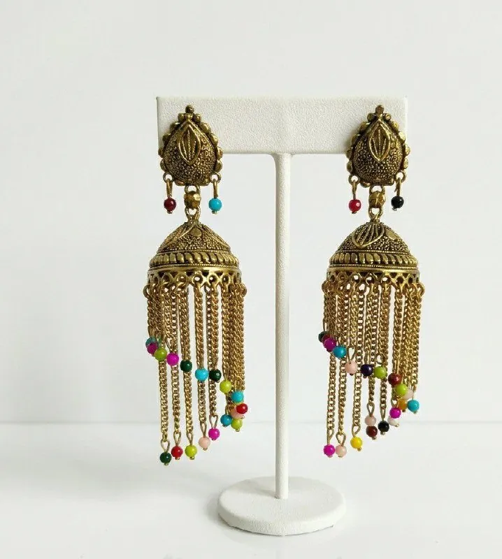 Antique Gold Multicolour Bead Chain Jhumkas