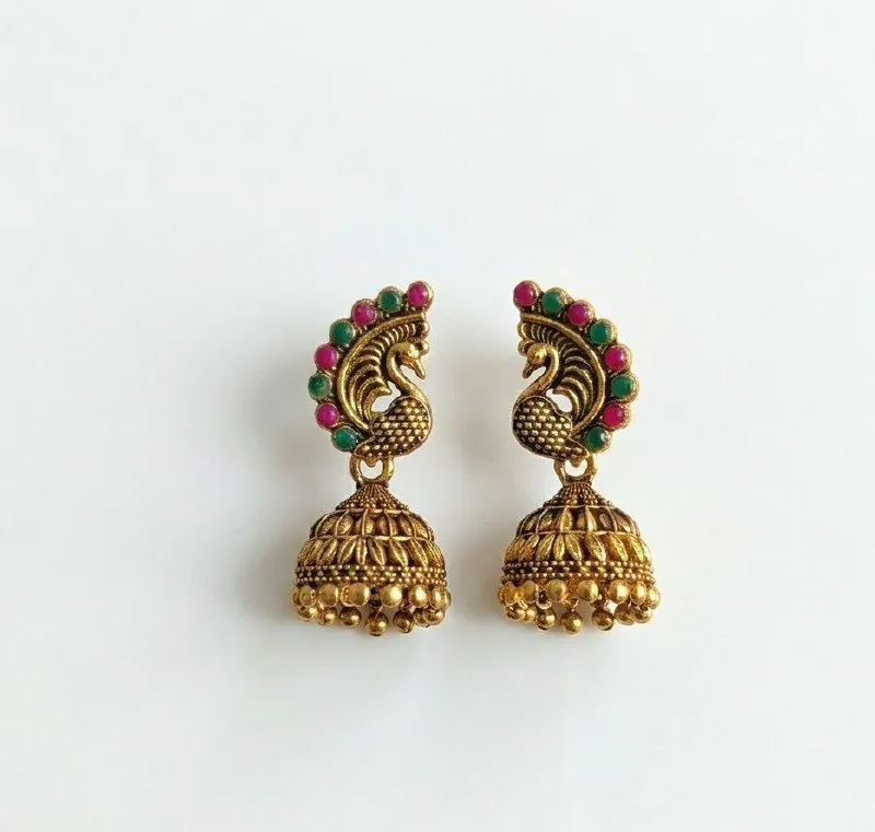 Antique Gold Pink Green Peacock Jhumkas