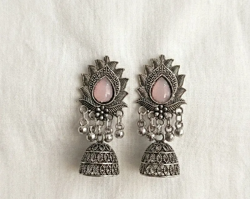 Oxidised Silver Pink Stone Lotus Jhumkas