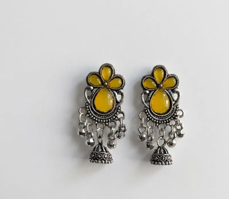 Oxidised Silver Yellow Stone Floral Jhumkas