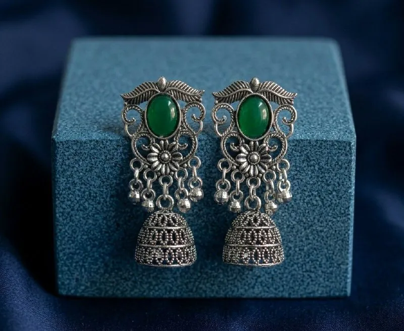 Oxidised Silver Green Oval Stone Jhumkas