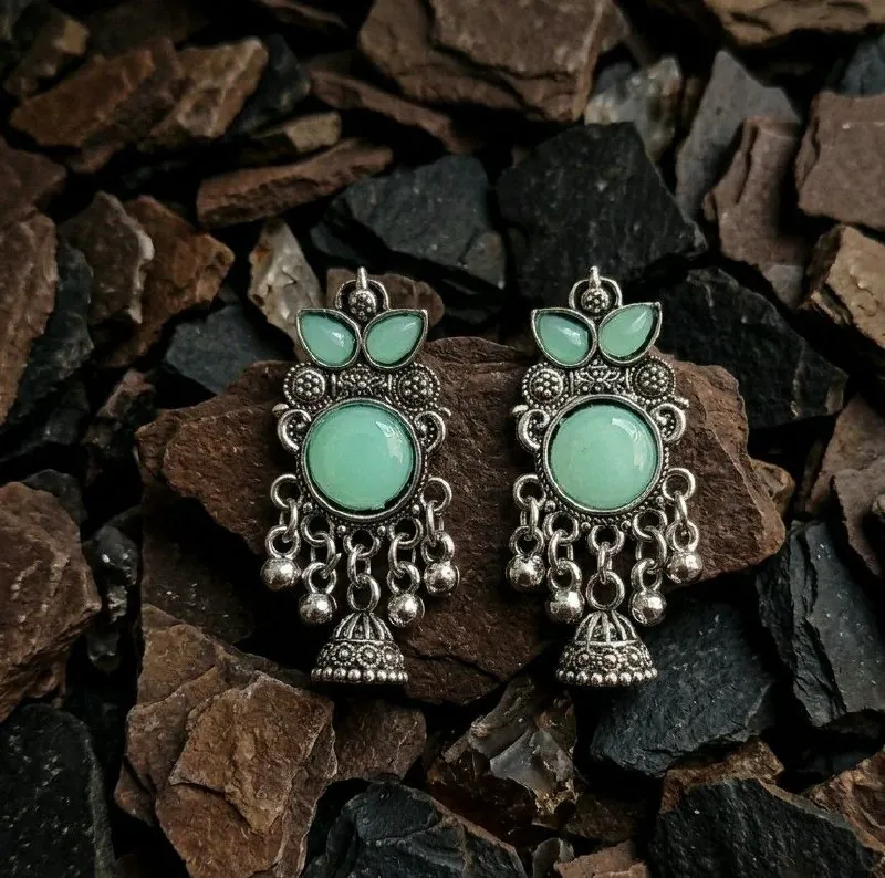 Oxidised Silver Mint Petal Jhumka Earrings