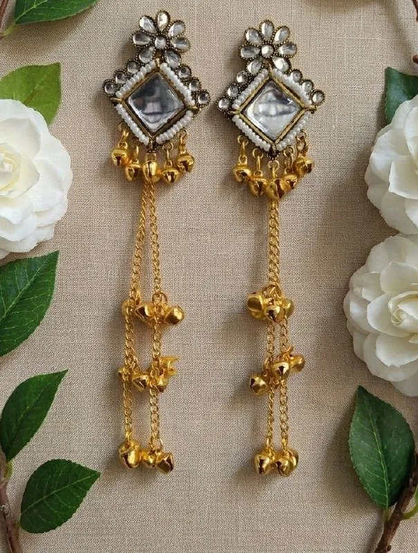 Kundan Mirror Gold Ghungroo Chain Earrings