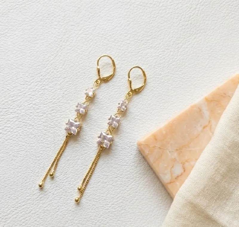 Gold Graduated Crystal Long Drop Earrings
