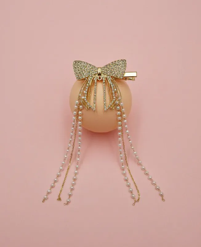 Gold Crystal Bow Pearl Hair Clip