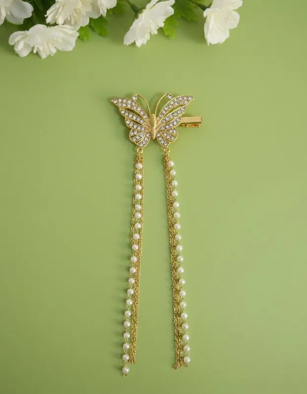 Gold Butterfly Pearl Tassel Hair Clip