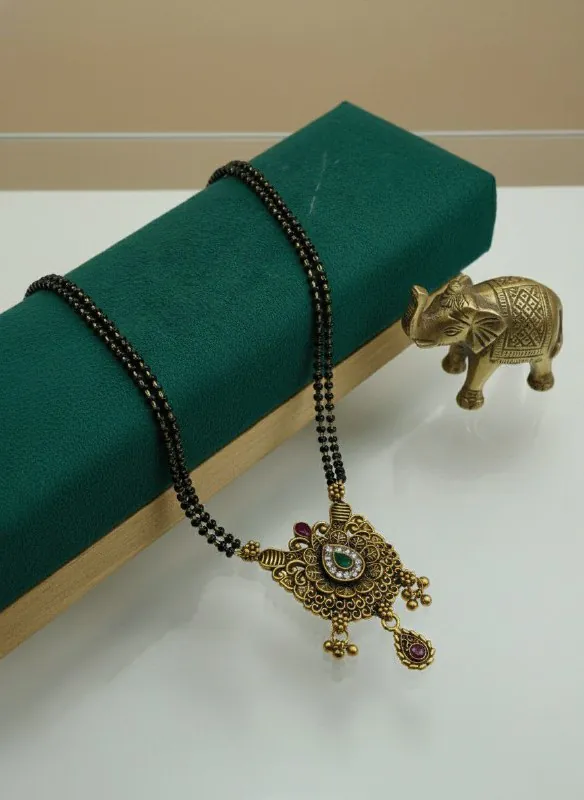 Antique Gold Green Stone Fan Mangalsutra