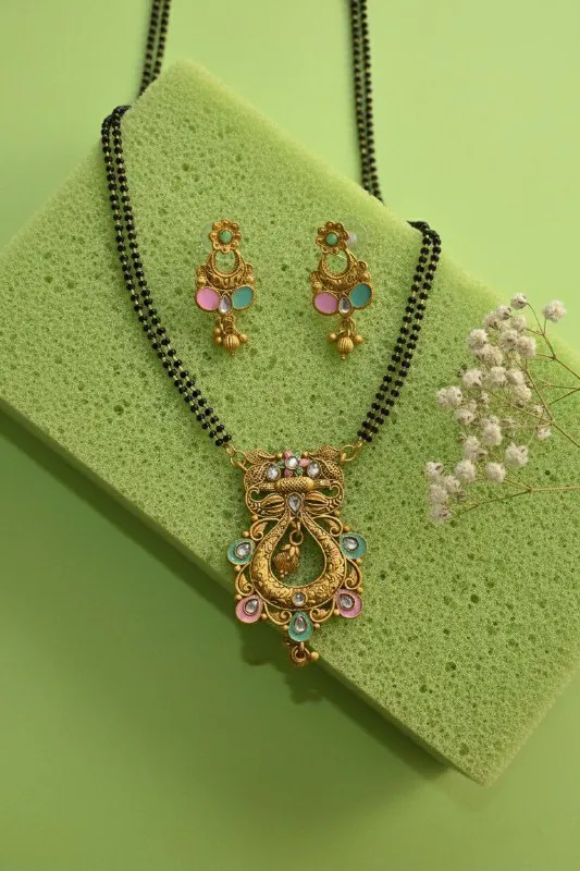 Pink Blue Meenakari Peacock Mangalsutra Set