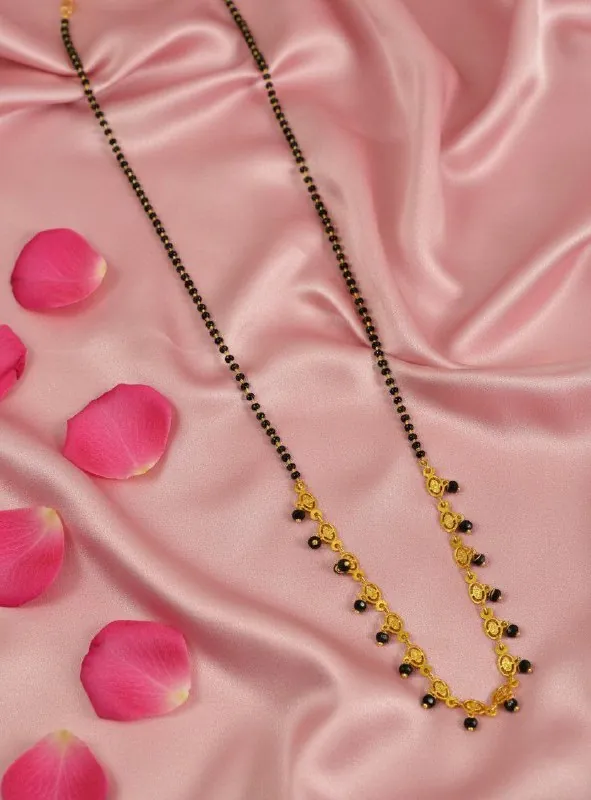 Long Black Bead Gold Floral Mangalsutra