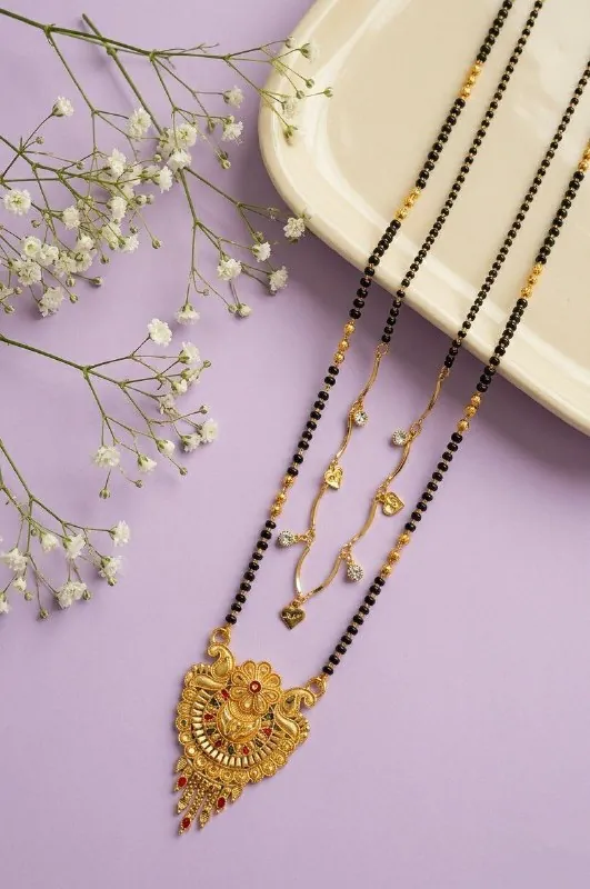 Gold Peacock Floral Long Mangalsutra Combo