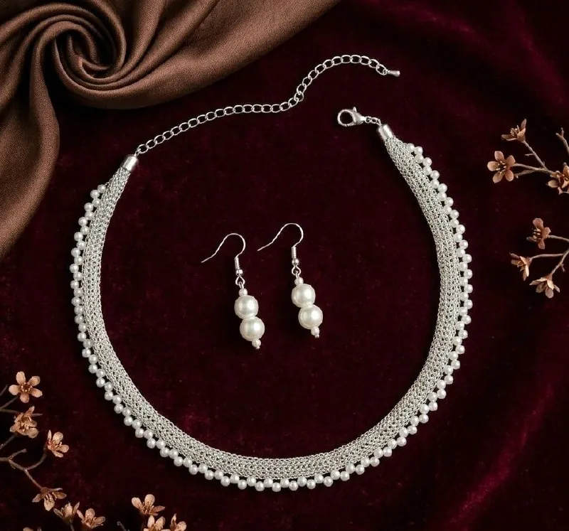 Silver Mesh Pearl Collar Necklace Set
