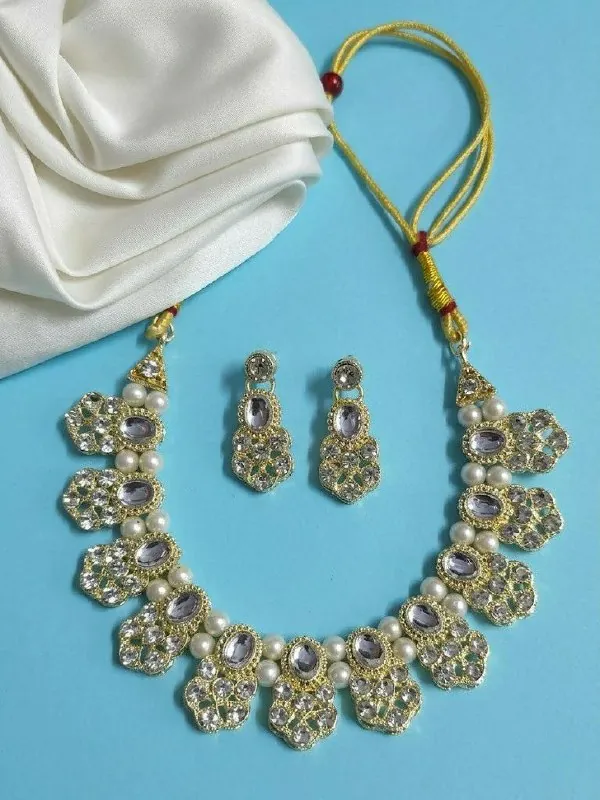 Gold White Polki Pearl Necklace Set