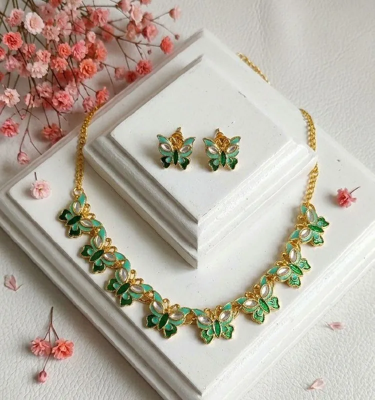 Green Meenakari Butterfly Necklace Set