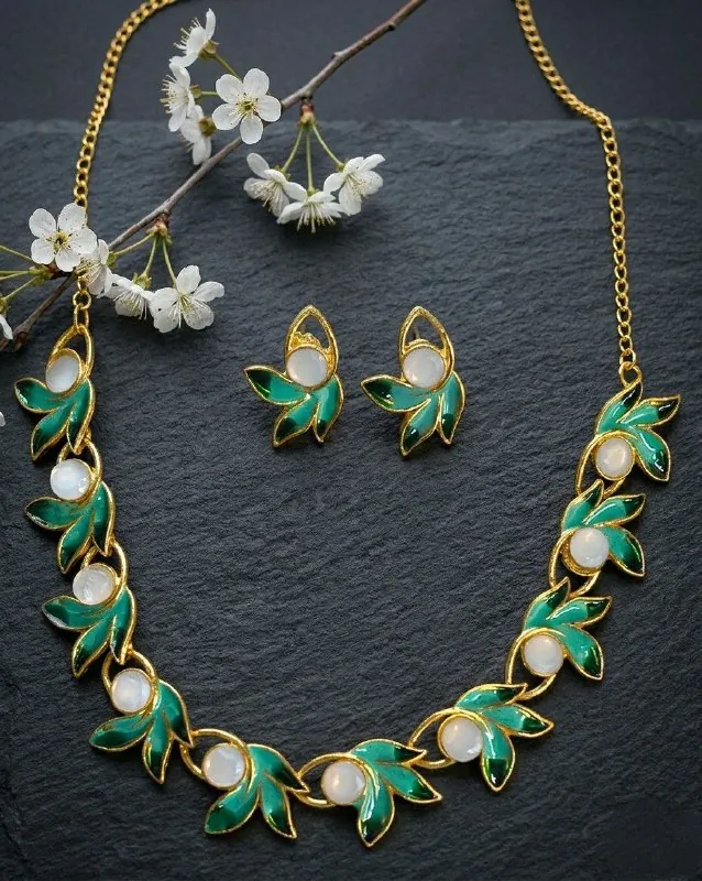 Sea Green Meenakari Leaf Necklace Set