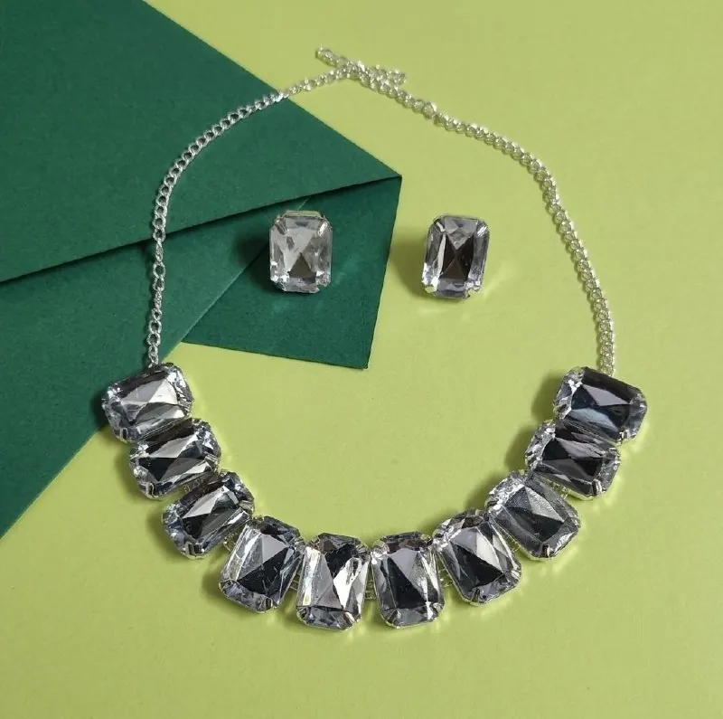 Silver Crystal Rectangle Necklace Set