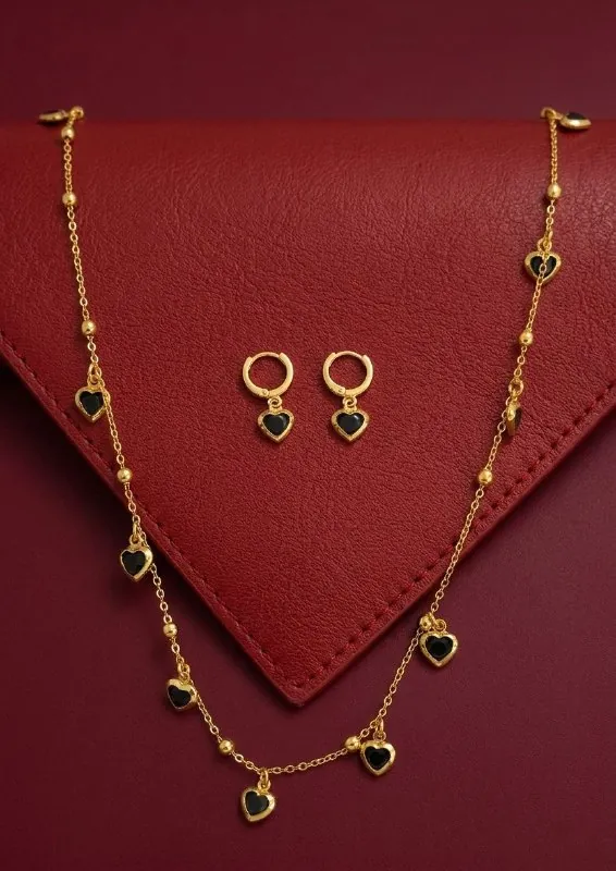 Gold Black Heart Necklace Earring Set