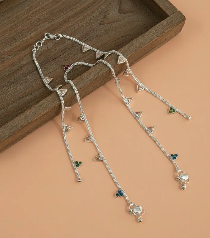 Silver Green Stone Ghungroo Anklets