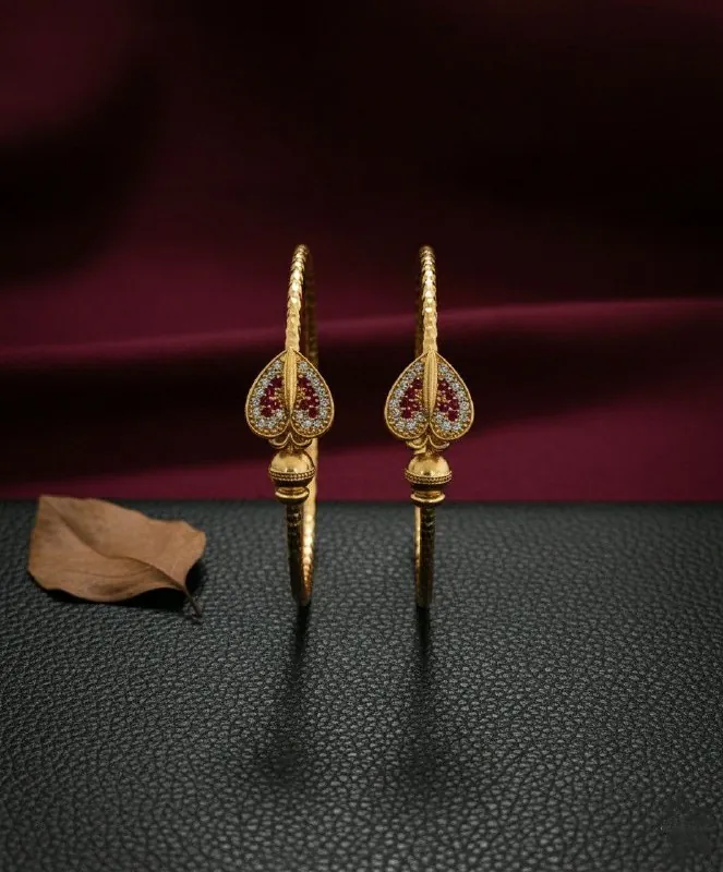 Gold Pink Stone Leaf Kada Bangles