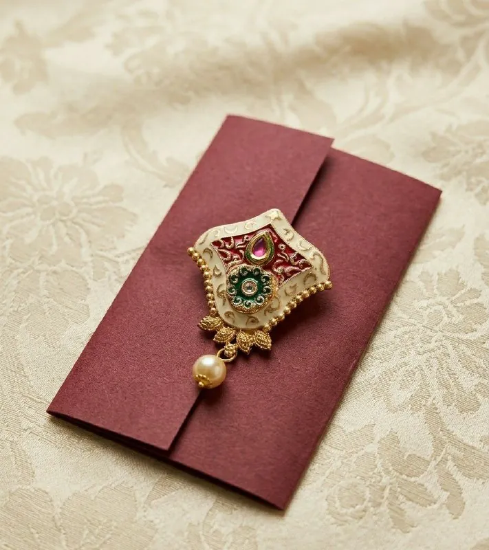 Cream Meenakari Kundan Pearl Saree Pin