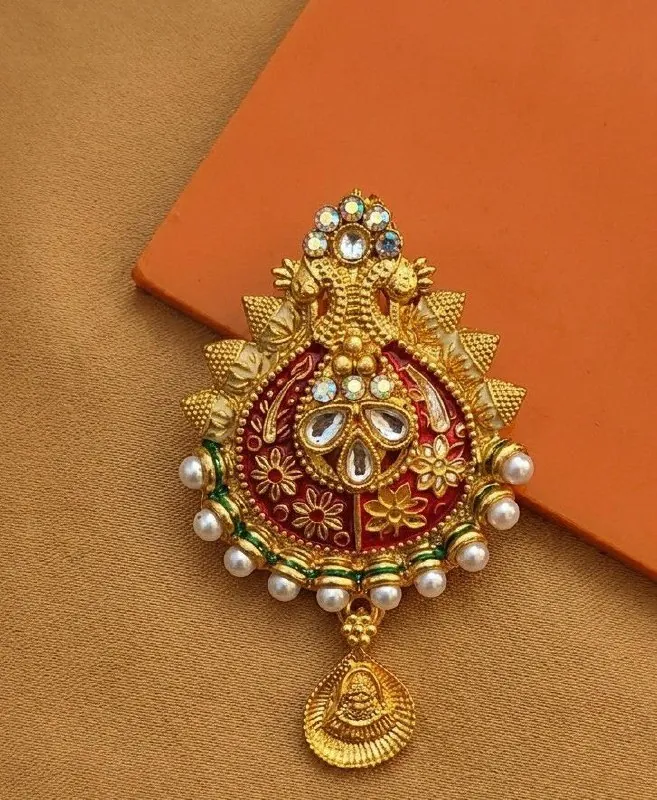 Red Meenakari Kundan Pearl Saree Pin